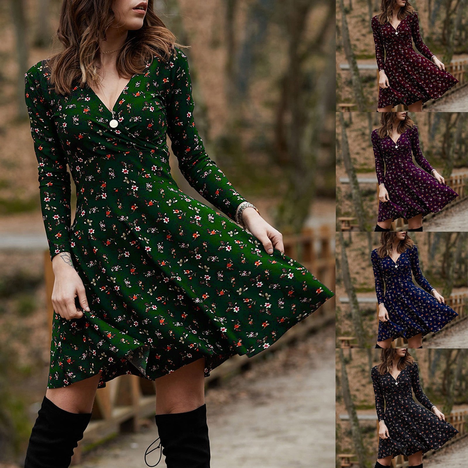 Pleated V-Neck Dress